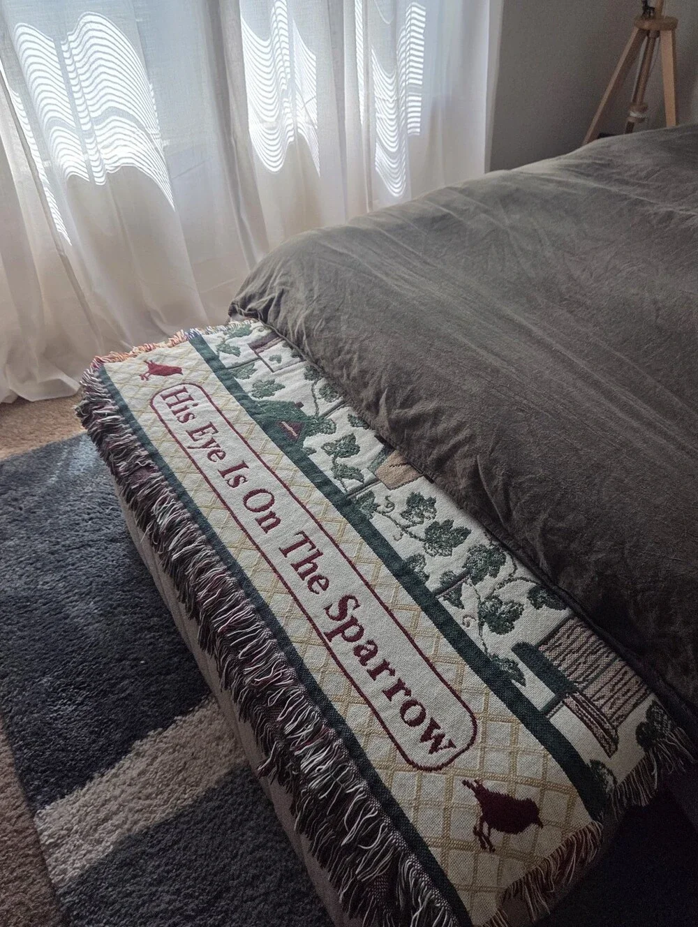 Vintage Christian Throw Blanket His Eye Is On The Sparrow Birdhouse Tapestry 90s